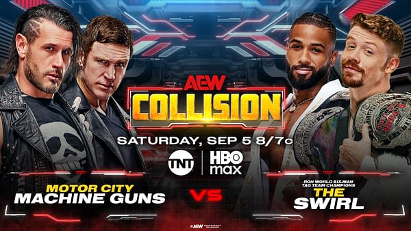 AEW Collision graphic for Motor City Machine Guns versus ROH World Six-Man Tag Team Champions The Swirl.