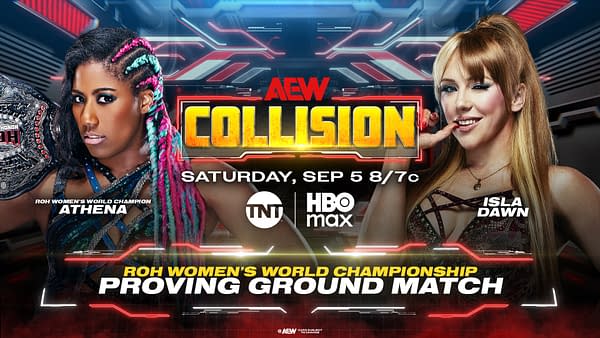 AEW Collision graphic for the ROH Women's World Title Proving Ground Match with Athena versus Isla Dawn.