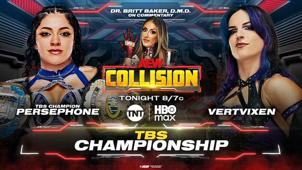 AEW Collision graphic for the TBS Championship match with TBS Champion Persephone versus VertVixen, with Dr. Britt Baker, D.M.D. noted as on commentary.