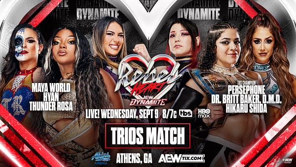 AEW Rebel Heart Dynamite graphic for Maya World, Hyan and Thunder Rosa vs. TBS Champion and CMLL World Women's Champion Persephone, Dr. Britt Baker, D.M.D. and Hikaru Shida in a trios match.