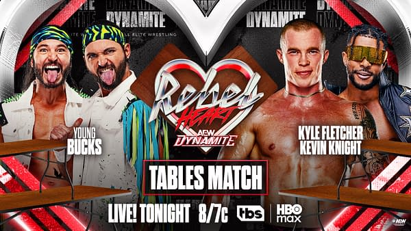 AEW Rebel Heart Dynamite graphic for a Tables Match between the Young Bucks and Kyle Fletcher and Kevin Knight of the Don Callis Family.