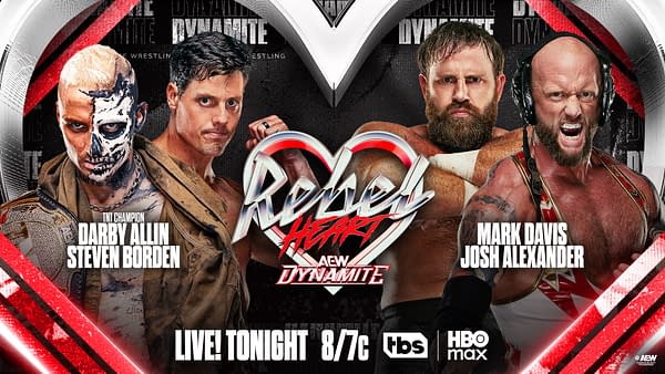 AEW Rebel Heart Dynamite match graphic for TNT Champion Darby Allin and Steven Borden vs. Mark Davis and Josh Alexander of the Don Callis Family.