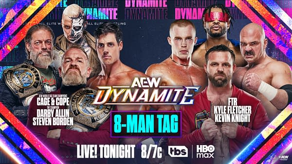 AEW Dynamite 8-man tag graphic showing AEW World Tag Team Champions Christian Cage and Adam Copeland with TNT Champion Darby Allin and Steven Borden against FTR, Kyle Fletcher, and Kevin Knight.