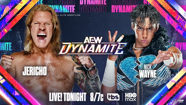 AEW Dynamite match graphic for Jericho vs. Nick Wayne, with both wrestlers shown and text noting the live Wednesday show at 8/7c on TBS and HBO Max.