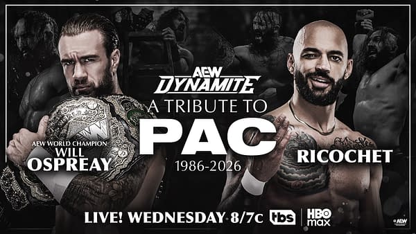 Match graphic for AEW Dynamite Preview: September 30, 2026 – A Tribute to PAC showing AEW World Champion Will Ospreay vs. Ricochet, with PAC memorial imagery in the background.