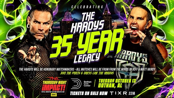 Promotional wrestling poster celebrating the Hardys' 35-year legacy, with Jeff and Matt Hardy posing on either side of bold event text for TNA Impact. Neon green and purple graphics fill the background.