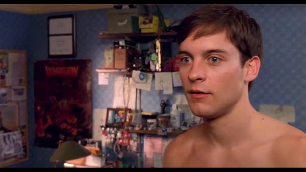 The pivotal scene where Peter Parker realizes he has superpowers in Spider-Man (2002) briefly shows a poster from Magic: The Gathering's Invasion expansion, seen here, slightly obscured by shadows on the left side of the image. (image attributed to Sony Pictures)