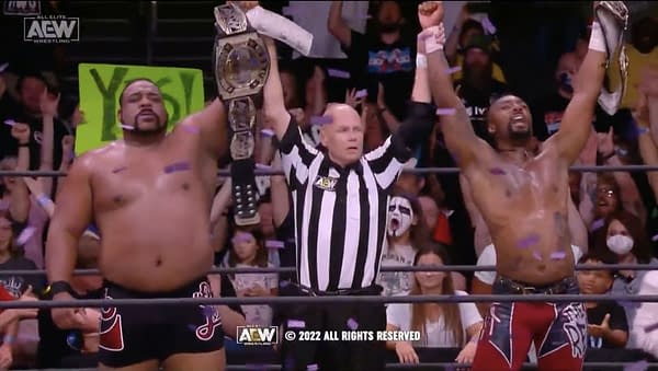 Keith Lee and Swerve Strickland celebrate winning the AEW World Tag Team Championships on AEW Dynamite: Fyter Fest Week 1