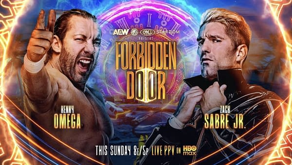 Promotional wrestling poster for AEW, CMLL, and Stardom's Forbidden Door featuring Kenny Omega on the left and Zack Sabre Jr. on the right. Both men face off with a glowing purple and gold title design in the center.