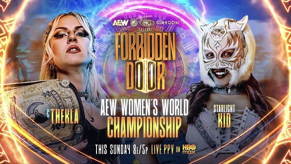 Promotional poster for AEW Forbidden Door featuring Thekla and Starlight Kid facing off for the AEW Women's World Championship.