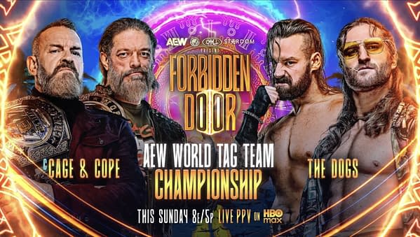 Promotional poster for AEW Forbidden Door featuring Cage & Cope vs. The Dogs for the AEW World Tag Team Championship. Four wrestlers pose against a bright neon purple and blue backdrop.