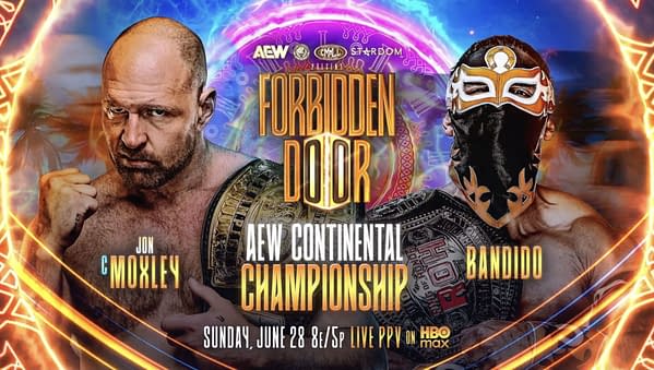 Promotional poster for AEW Forbidden Door showing Jon Moxley facing Bandido for the AEW Continental Championship, with glowing orange and purple event graphics.