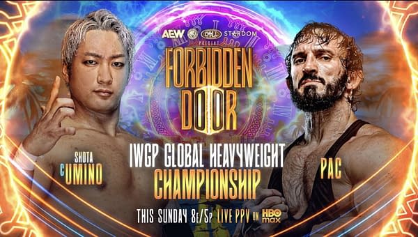 AEW Forbidden Door wrestling promo poster featuring Shota Umino and PAC facing off for the IWGP Global Heavyweight Championship.