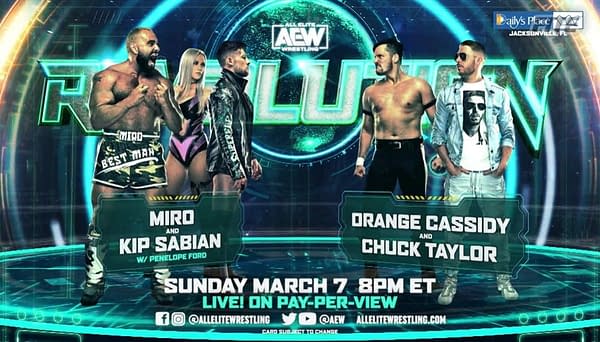Match graphic for Miro and Kip Sabian vs. Orange Cassidy and Chuck Taylor at AEW Revolution