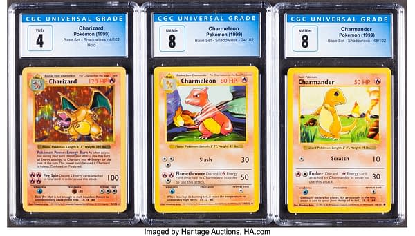 The front faces of the three Pokémon TCG cards of the Charmander evolutionary line. Currently available at auction on Heritage Auctions' website.