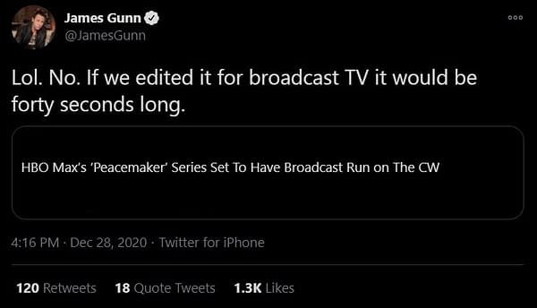 Peacemaker series creator James Gunn responds to rumors about the HBO Max series. (Image: screencaps)