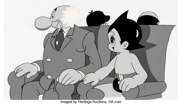 A production cel from the Japanese animated TV show Astro Boy, depicting the titular character sitting with his mentor and father figure, Dr. Packadermus J. Elefun. This production cel is currently available for auction at Heritage Auction's website.