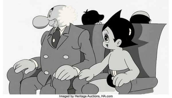 A production cel from the anime Astro Boy, which we had previously covered the auction of. The auctioning of this production cel is attributed to Heritage Auctions.