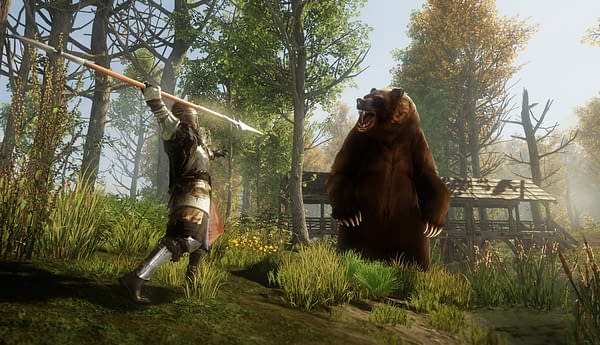 A screenshot from New World, an MMO by Amazon Games set at the end of the Age of Exploration. In the screenshot, a character attacks a large bear.