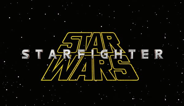Star Wars: Starfighter logo in metallic silver and gold lettering over a starry black background.
