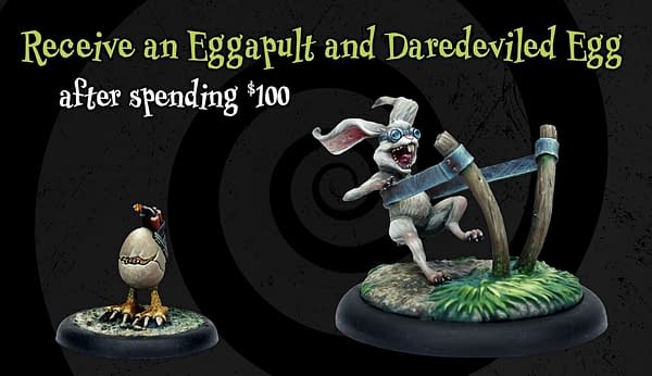 A close shot of the Eggapult and the Daredeviled Egg, two alternate miniatures for Malifaux, a game by Wyrd Miniatures.