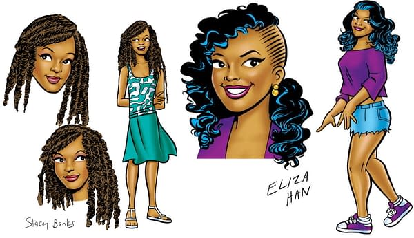 Stacy Banks and Eliza Han development art by Dan Parent and Rosario 