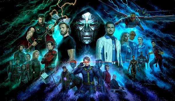 Marvel-style key art for Avengers: Doomsday featuring Doctor Doom at the center, surrounded by Thor, Captain America, the Fantastic Four, X-Men, and other heroes in a blue-green cosmic storm.