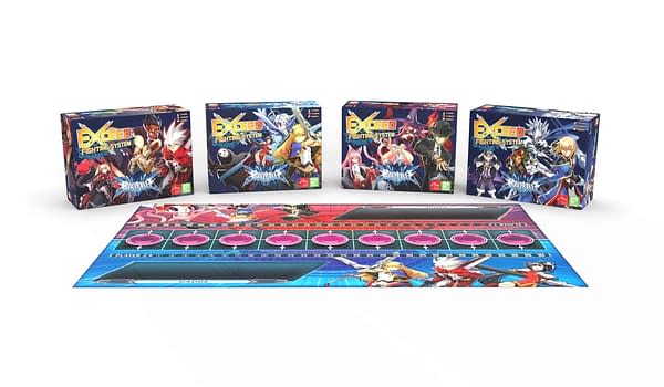 The four sets of decks and the playmat from the BlazBlue release for EXCEED Fighting System by Level99 Games.