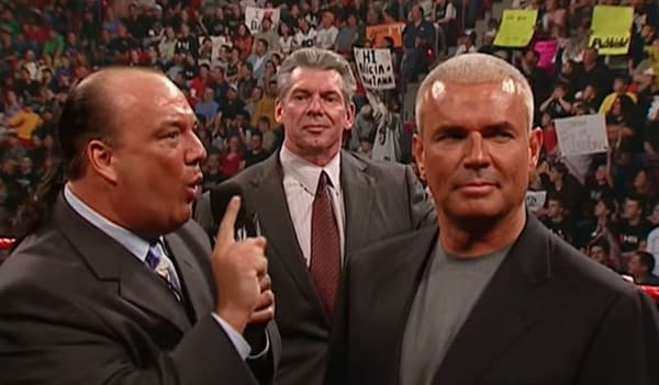 Monday Night Wars generals Paul Heyman, Vince McMahon, and Eric Bischoff share a WWE Ring