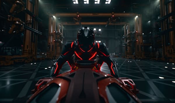 A futuristic scene featuring a character in a sleek, black and red suit, representing Ares from Disney's live-action film, TRON: ARES. The character is poised on a high-tech vehicle in an industrial setting with dramatic lighting.