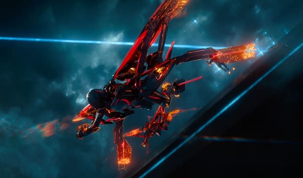 A dynamic scene from 'TRON: ARES', showcasing sleek, orange and red futuristic vehicles flying against a dark, digital landscape illuminated by glowing blue lines. This image captures the visually striking aesthetics typical of Disney's TRON franchise.