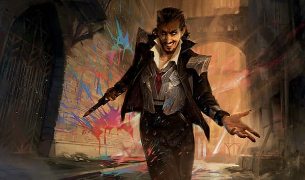 The full art for Anhelo, the Painter, a new legendary creature card printed for the upcoming supplemental Maestros Massacre preconstructed Streets of New Capenna Commander release for Magic: The Gathering. Illustrated by Aurore Folny.