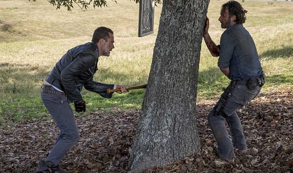 Rick and Negan square off on The Walking Dead, courtesy of AMC.
