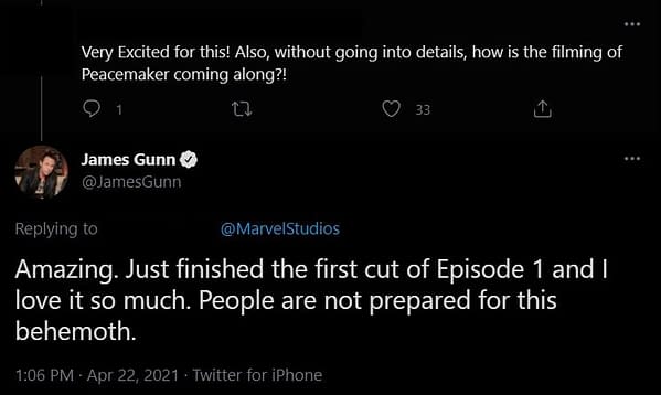 Peacemaker: James Gunn Finishes E01 First Cut: "I Love It So Much"