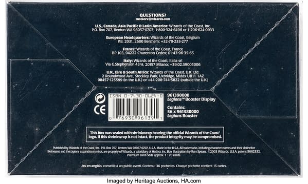The bottom of the booster box for Legions, a creature-only expansion set from Magic: The Gathering. Currently available at auction on Heritage Auctions' website.