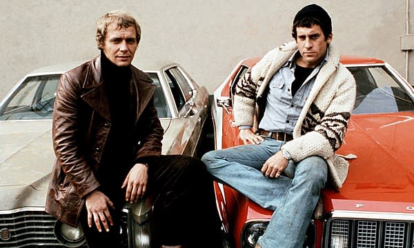 Starsky & Hutch stars David Soul and Paul Michael Glaser – with the show's customised red 1975 Ford