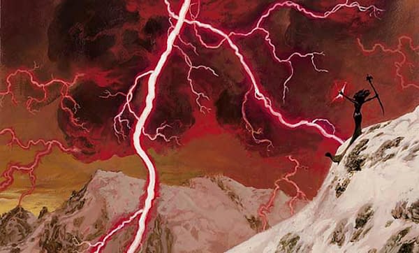 The artwork for the ever-iconic Lightning Bolt, a reprinted card from Jumpstart, an upcoming Sealed-based expansion set for Magic: The Gathering. Illustrated by Christopher Moeller.