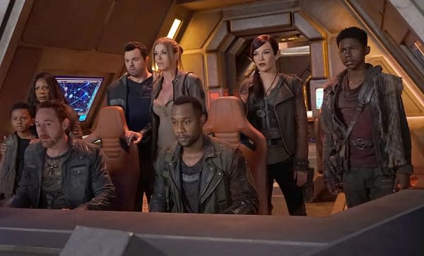 THE ORVILLE: L-R: Peter Macon, Seth MacFarlane, Adrianne Palicki, J Lee, Jessica Szohr, Scott Grimes, guest star Kai Wener, guest star Brian Tanner and Penny Johnson Jerald in the ÒRoad Not TakenÓ season finale episode of THE ORVILLE airing Thursday, April 18 (9:00-10:00 PM ET/PT) on FOX. ©2018 Fox Broadcasting Co. Cr: Kevin Estrada/FOX
