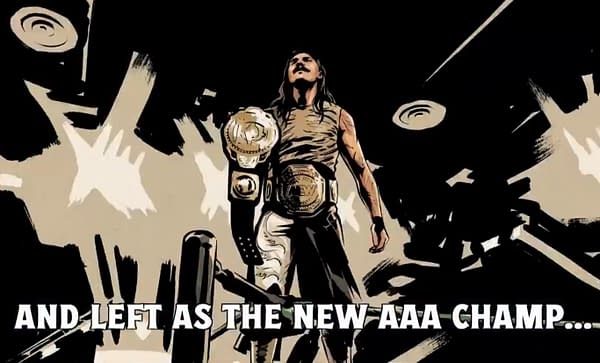 An illustrated image of a wrestler, Dominik Mysterio, standing proudly in a wrestling ring, holding two championship belts, symbolizing his victory. The dramatic background and pose highlight his achievement as a champion. However, he is wearing the AEW Championship belt rather than the AAA Mega Championship he actually won.