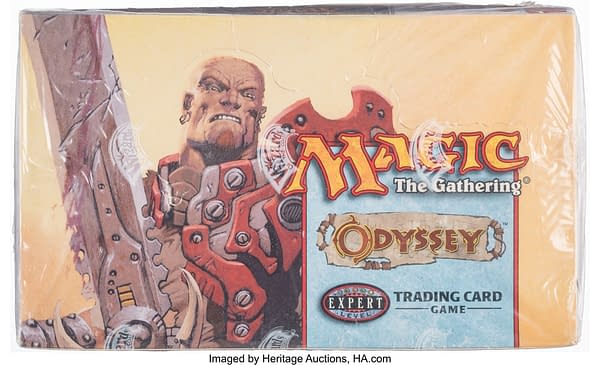 The top face of the sealed booster box of Odyssey, an older expansion set for Magic: The Gathering. Currently available at auction on Heritage Auctions' website.