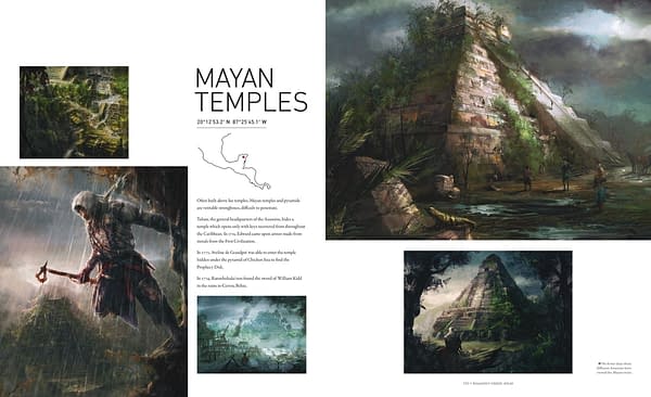 A spread from the Assassin's Creed Atlas detailing Mayan Temples. © 2021 Ubisoft Entertainment