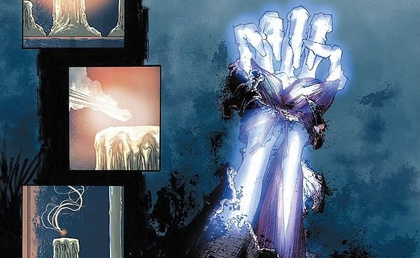 A skeletal hand rises from the grave in a scene from Marvel's latest QR-code gated comic book page.