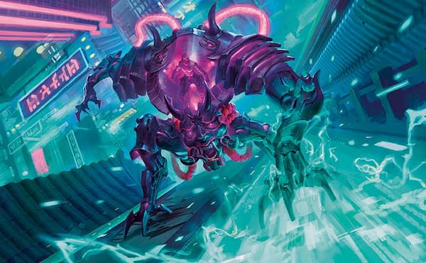 The full art for Surgehacker Mech, a card from Kamigawa: Neon Dynasty, a recent expansion set for Magic: The Gathering. Illustrated by Wisnu Tan.