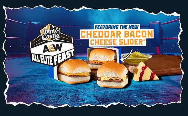 A logo for White Castle's AEW All Elite Feast featuring the new Cheddar Bacon Cheese Slider, with sliders displayed on a wooden board beside pickles and dessert. The setting has a wrestling ring backdrop.