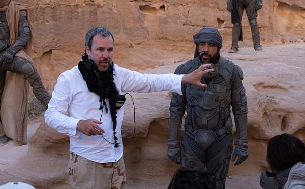 Copyright: © 2020 Warner Bros. Entertainment Inc. All Rights Reserved. Photo Credit: Chiabella James Caption: (L-r) Director DENIS VILLENEUVE and JAVIER BARDEM on the set of Warner Bros. Pictures and Legendary Pictures' action adventure 