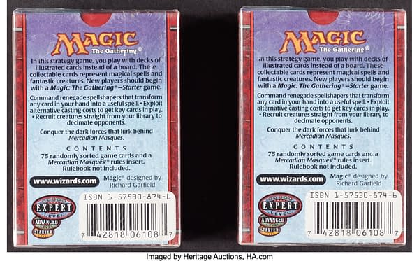 The backs of the pair of tournament packs from Mercadian Masques, an expansion set for Magic: The Gathering. Currently available at auction on Heritage Auctions' website.