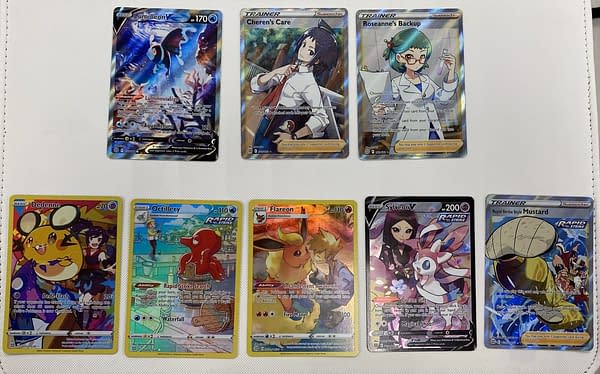 Pulls from a Pokémon TCG: Brilliant Stars Booster Box. Credit: Theo Dwyer