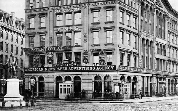 Scene of the match among dime novel and comic editors: The New York Times Building, Park Row, circa 1873. Tim Flynn's Billiard Room basement entrance visible foreground right. 