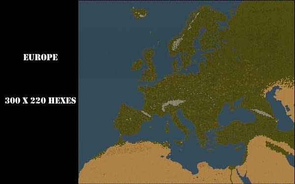A hex-grid screenshot of Europe, simplifying the continent down to 300 x 220 hexagons, for Hex of Steel, a new game by SuperIndie Games.