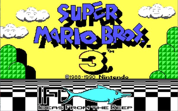 The title screen for the demo of Super Mario Bros. 3 for PC. Attributed to Nintendo in collaboration with ID Software.